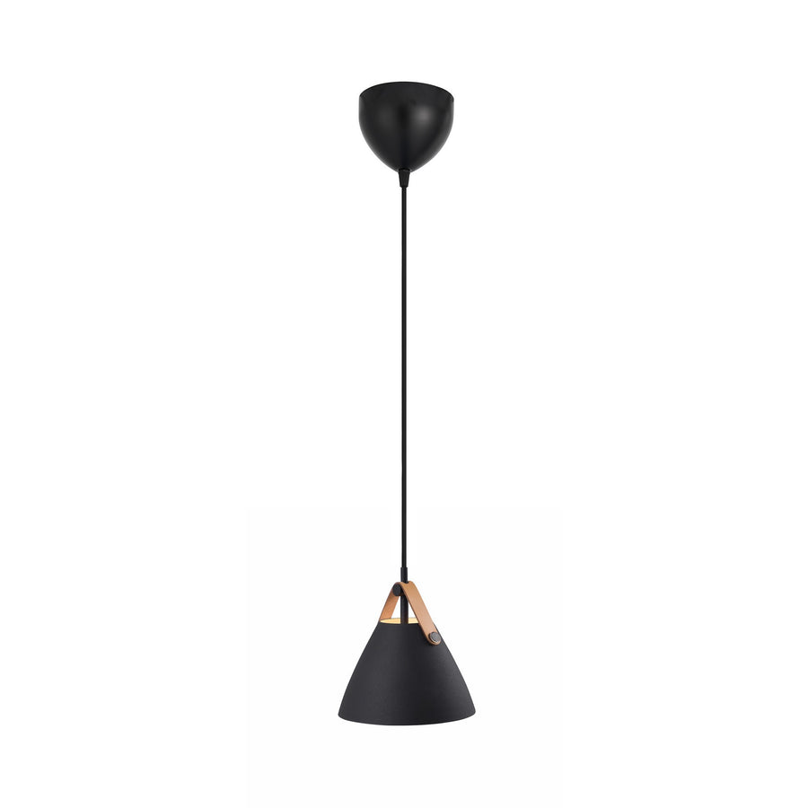 Suspension noire mate de face avec détail de sangle en cuir marron clair