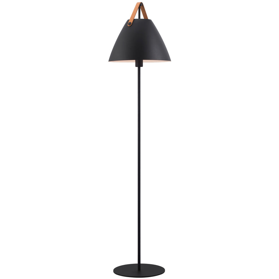 Lampadaire noir de face, abat-jour conique et lanière en cuir.