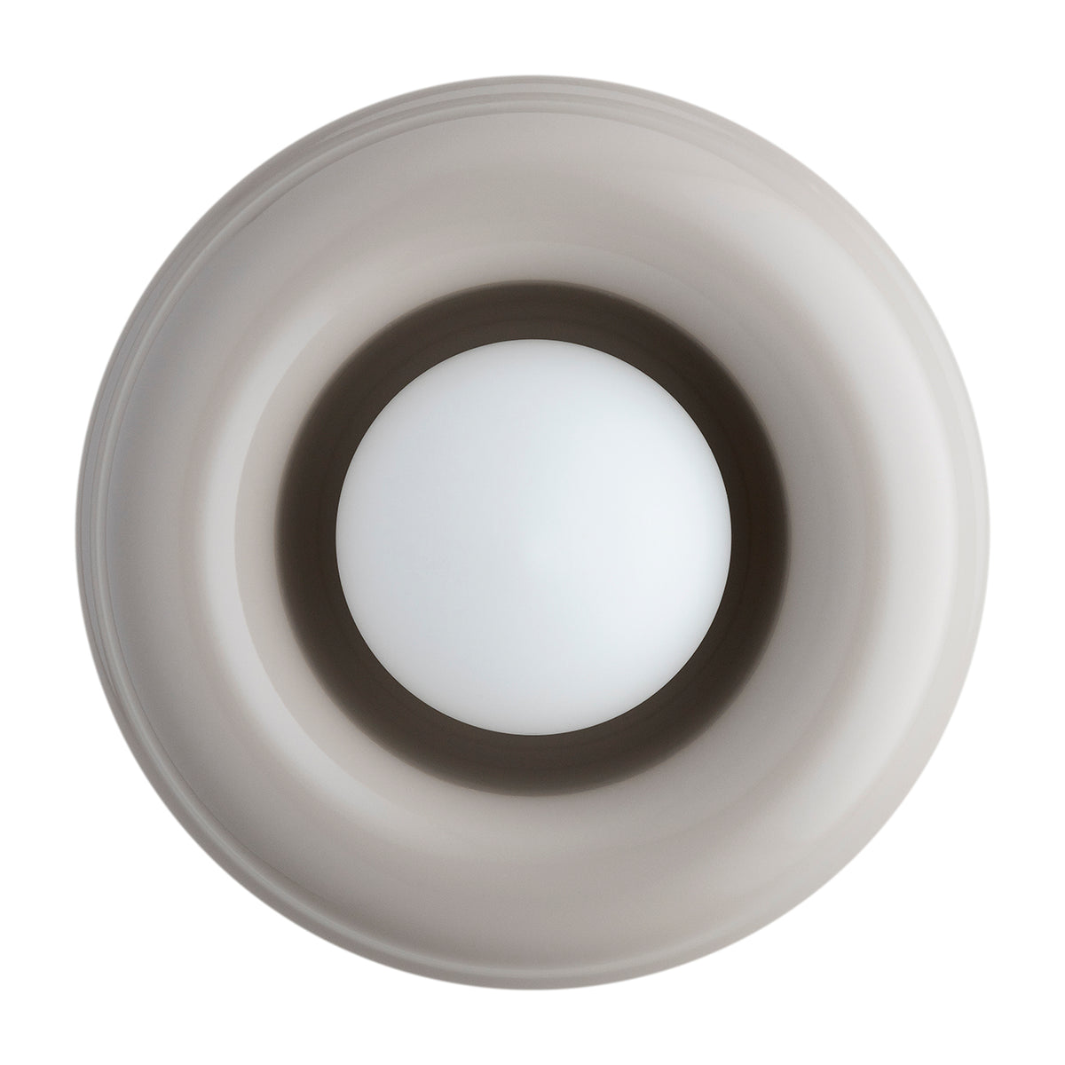 Vue frontale de l'applique murale ronde, anneau gris et diffuseur blanc opaque.