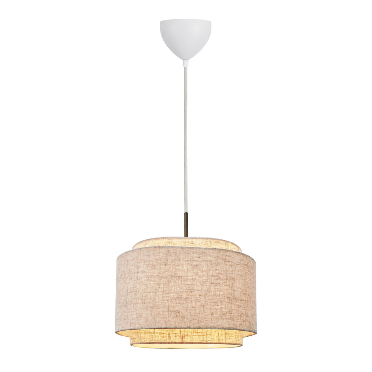 Vue d'ensemble du luminaire suspendu avec sa rosace blanche fixée au plafond