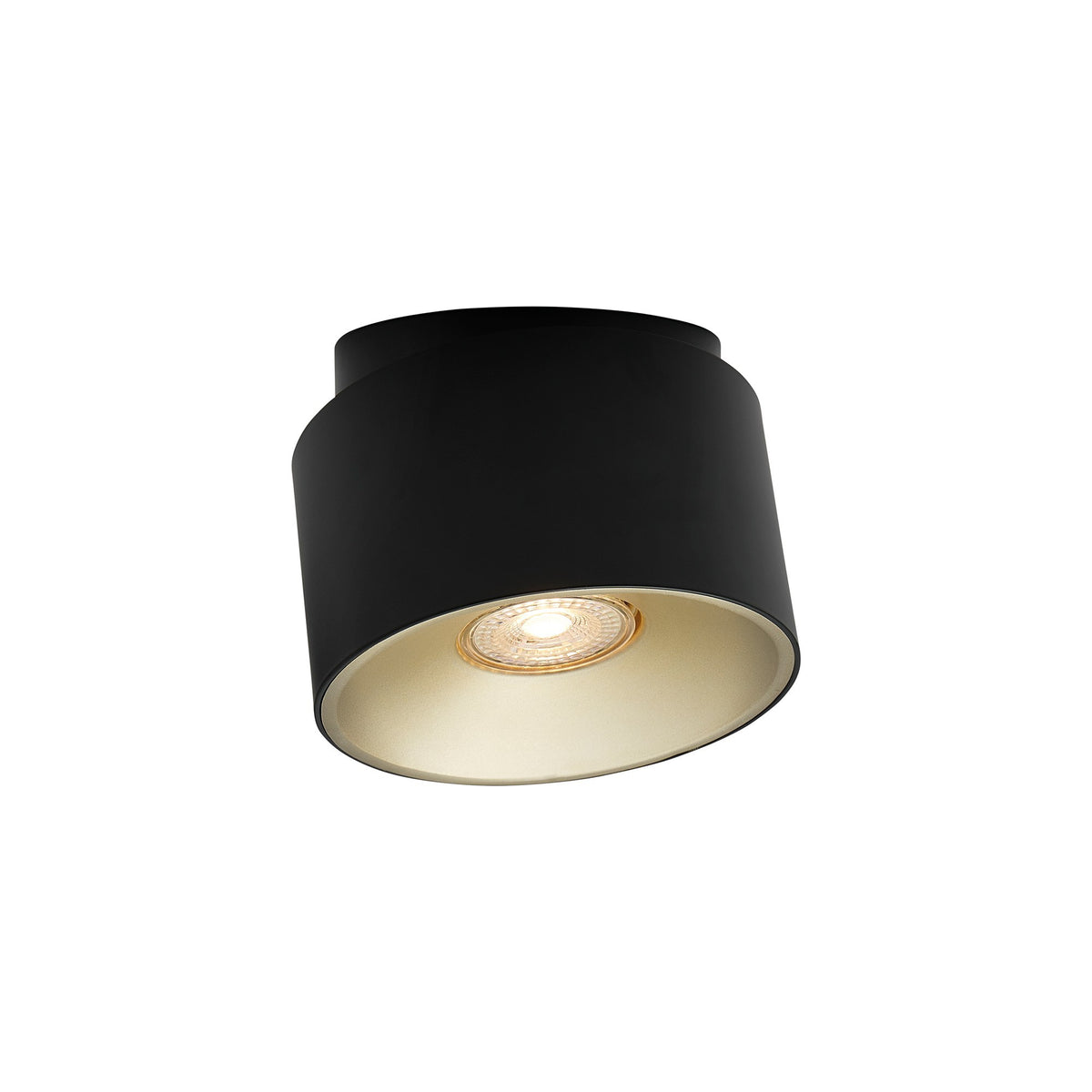 Vue en plongée du spot noir, intérieur doré et diffuseur LED