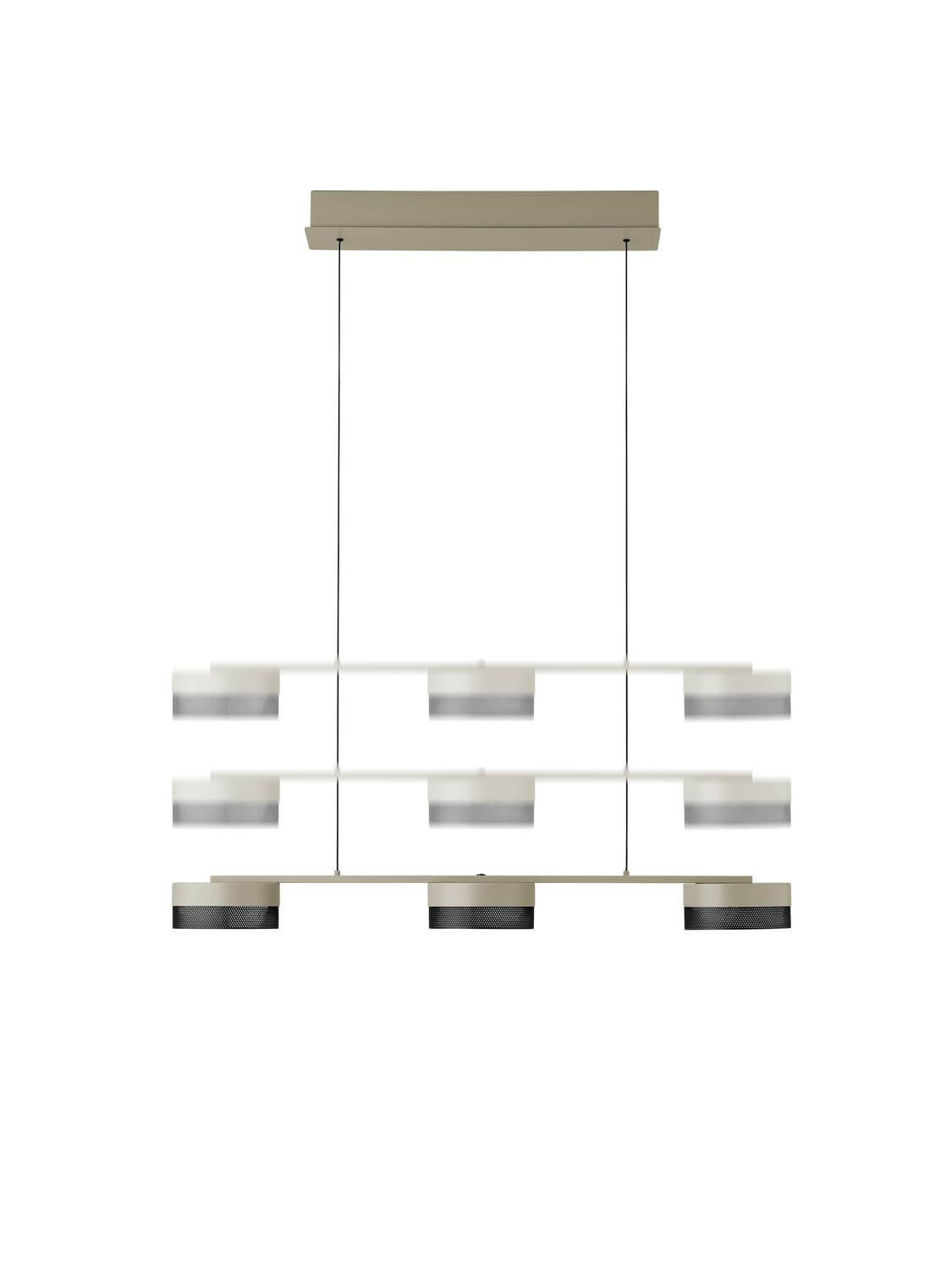 Vue de face d'une suspension à trois niveaux avec neuf cylindres en maille beige et noire.