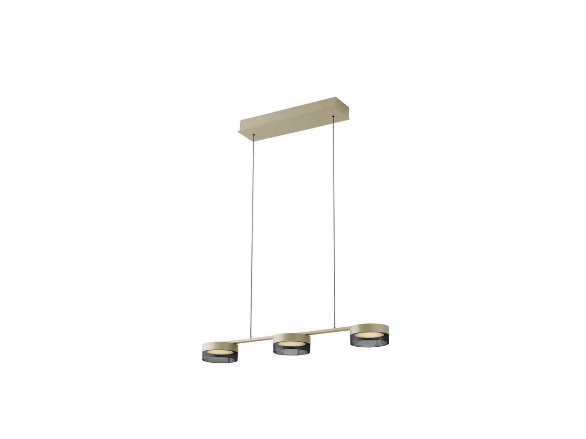 Vue en perspective du luminaire suspendu beige avec trois abat-jours cylindriques en maille.
