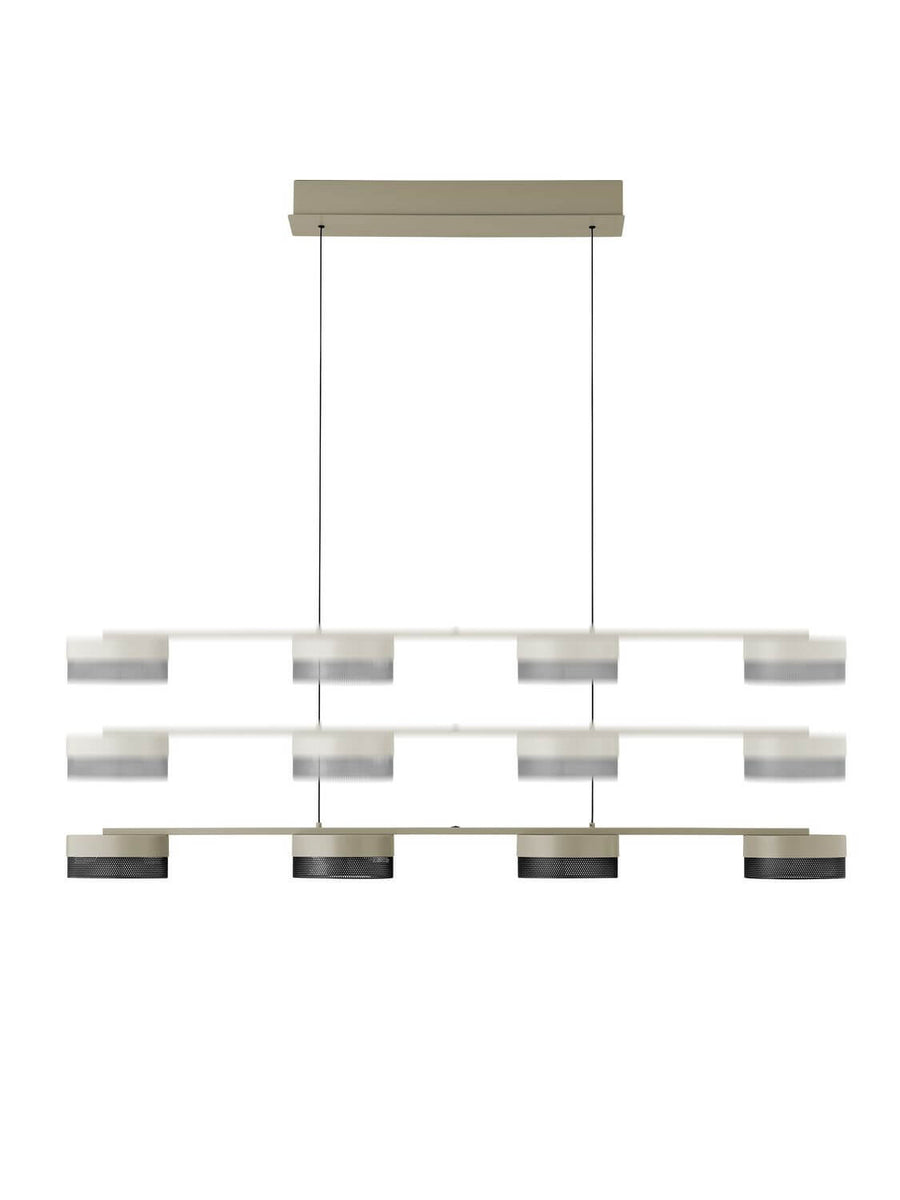 Vue de face multiple montrant la suspension beige à quatre lumières et ses réglages de hauteur.