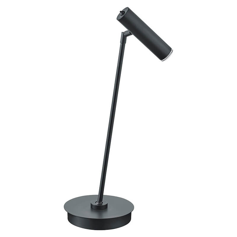 Lampe à poser noire de profil sur fond blanc, tête cylindrique inclinée