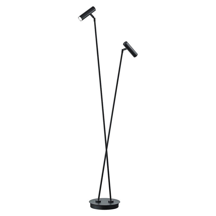 Lampadaire noir à deux tiges croisées et deux projecteurs cylindriques orientables, fond blanc
