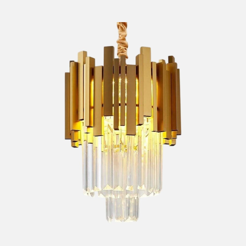 Lustre cristal moderne doré Éclat Prismique sur fond gris clair – Designix.fr