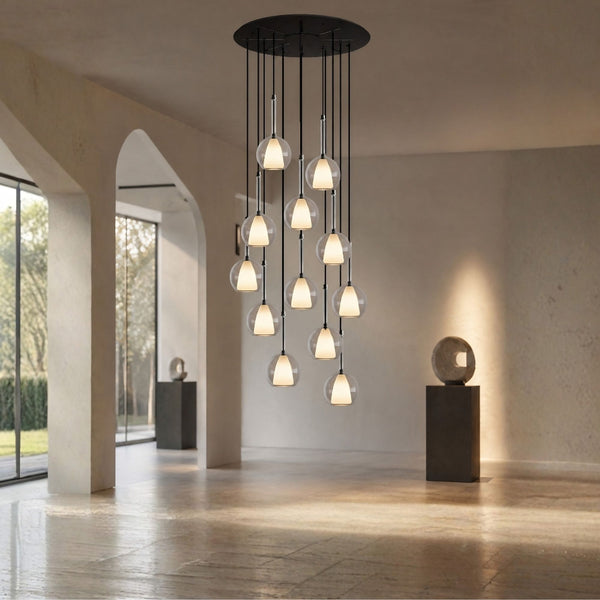 Suspension grande hauteur Belluna 12 lumières, rosace Ø 80 cm