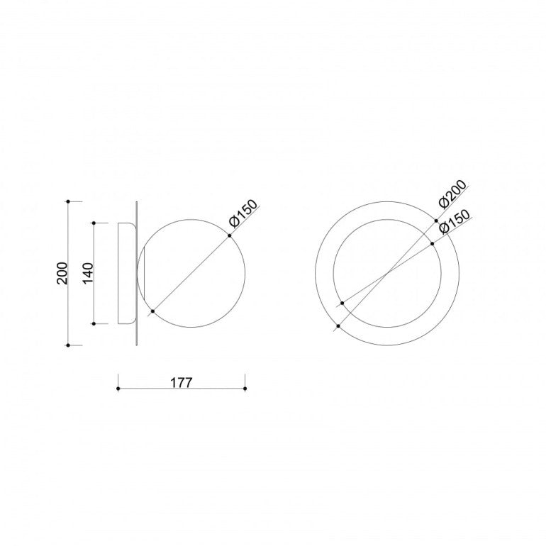 Schéma technique coté indiquant les diamètres 200 et 150 mm et la profondeur 177 mm