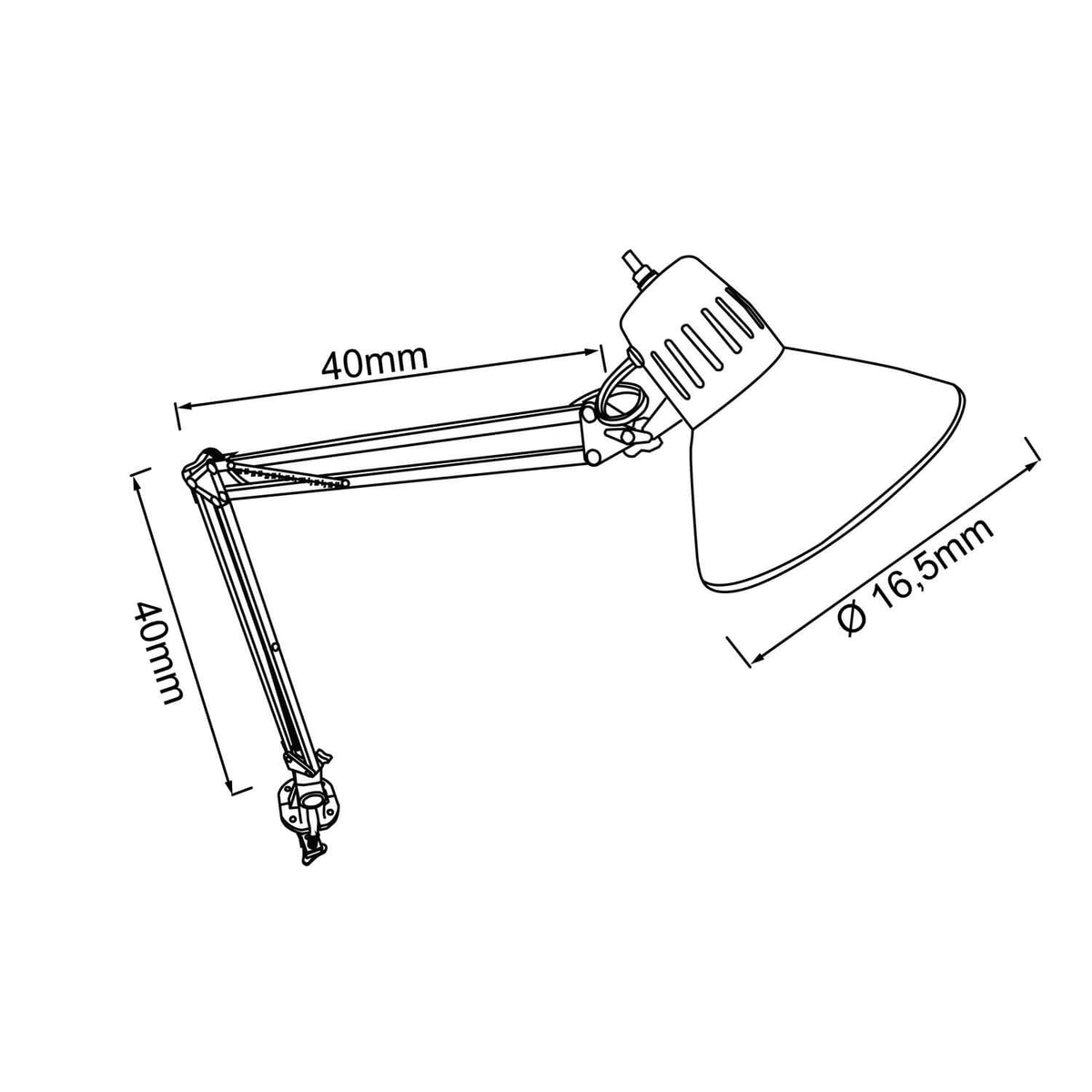 Schéma coté de la lampe blanche montrant les dimensions du bras et de l'abat-jour