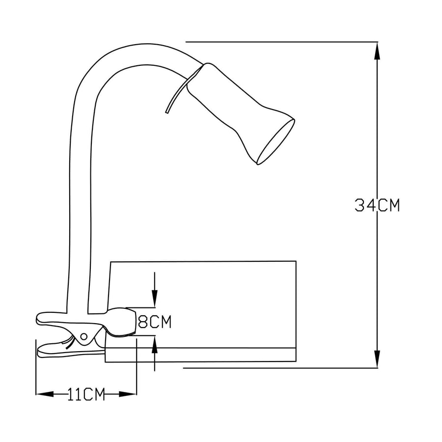 Schéma de dimensions de la lampe à pince : 34 cm de haut, 11 cm de pince.