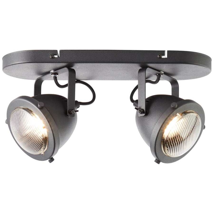 Vue de trois quarts du plafonnier noir à deux projecteurs orientables sur fond blanc