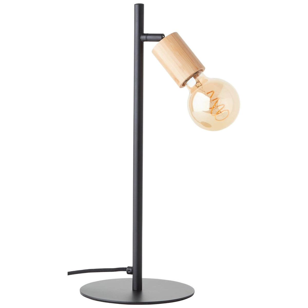 Vue de trois quarts du luminaire, bras métallique noir et douille en bambou orientable.
