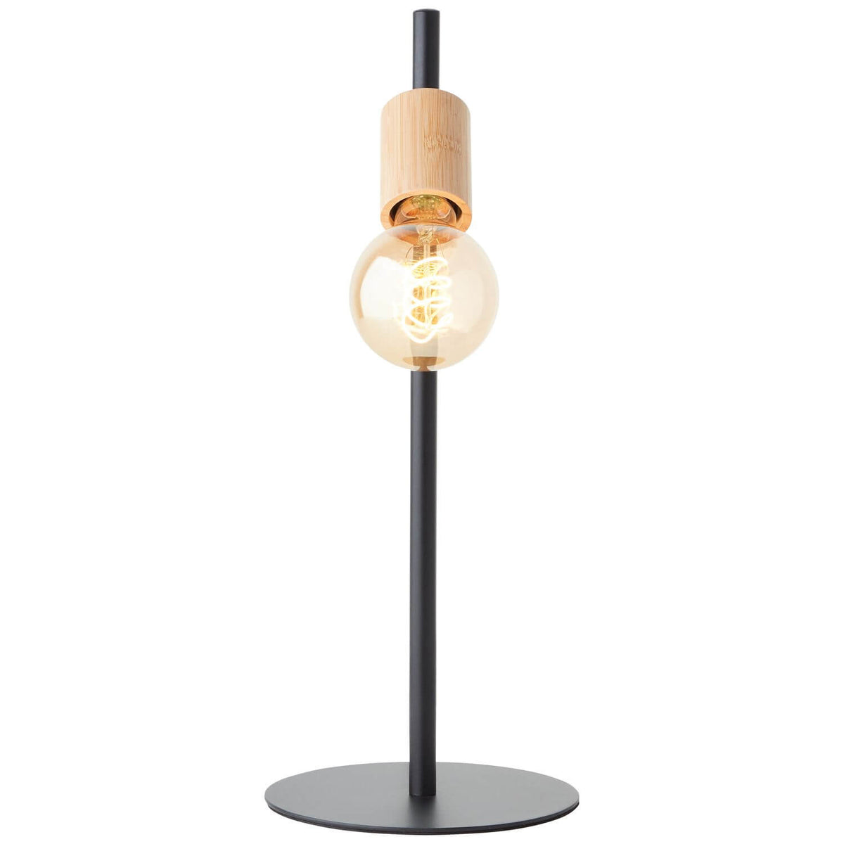 Face du luminaire, douille bambou verticale surmontant une ampoule globe allumée.