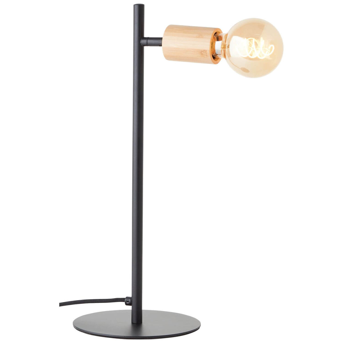 Profil du luminaire, bras horizontal en bambou et ampoule ronde orientée à droite.