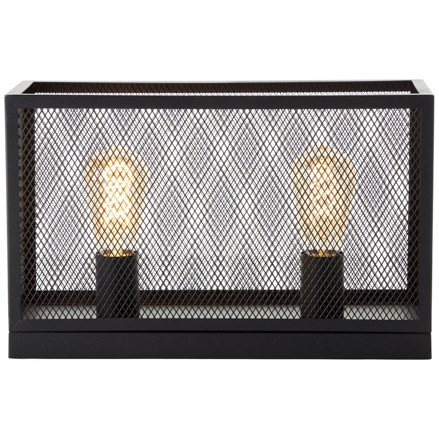 Vue de face de la lampe à poser rectangulaire en métal noir avec deux ampoules.