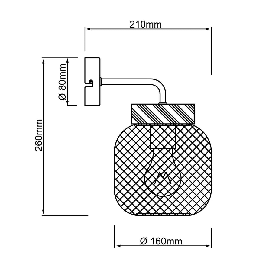 Schéma coté de l’applique : hauteur 260 mm, saillie 210 mm, diamètre 160 mm.