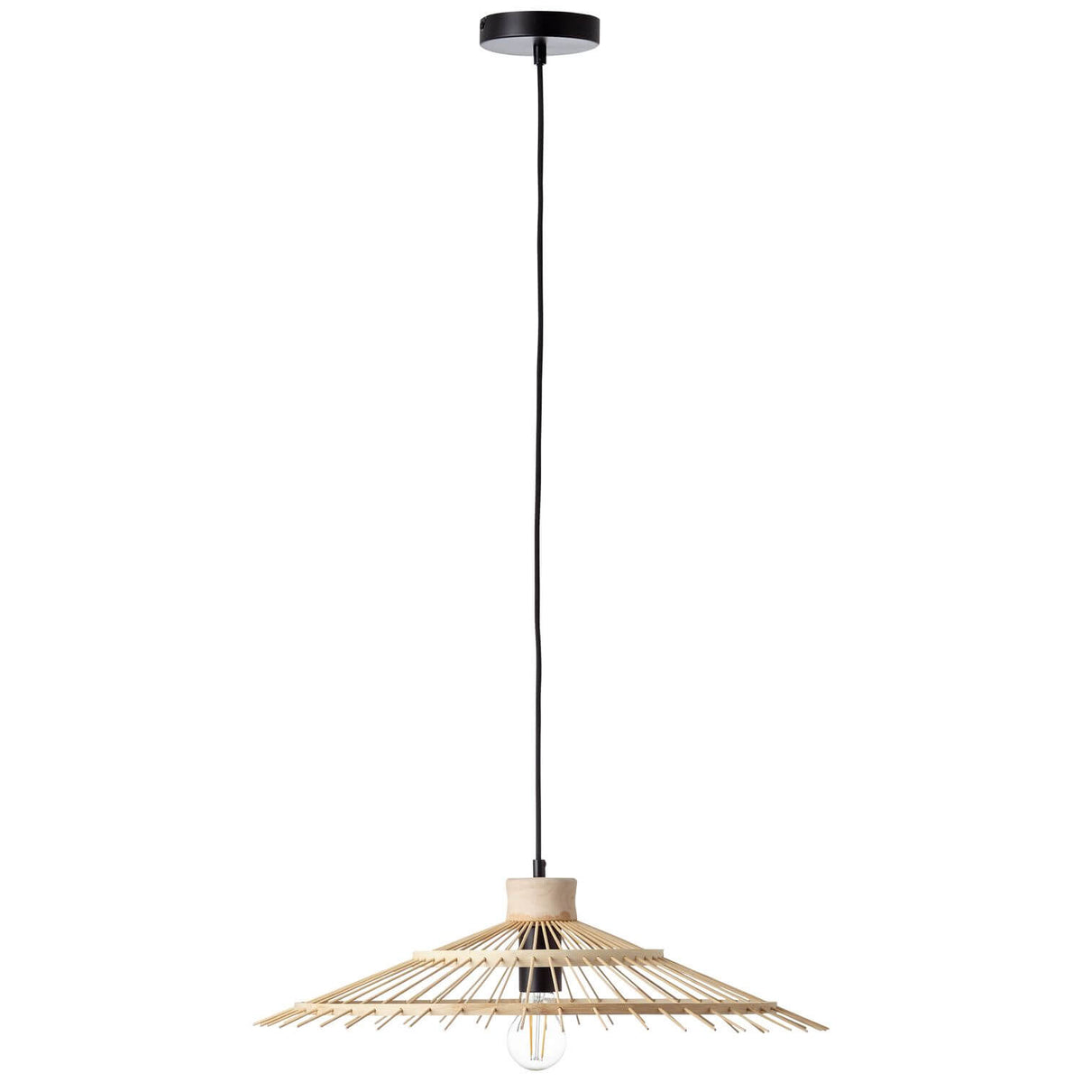 Vue de face du luminaire suspendu, câble noir et abat-jour conique en tiges de bambou