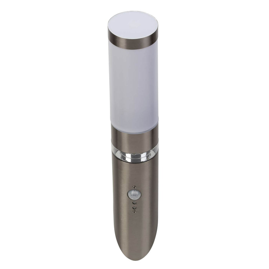 Vue verticale de l'applique cylindrique en inox avec détecteur de mouvement visible.