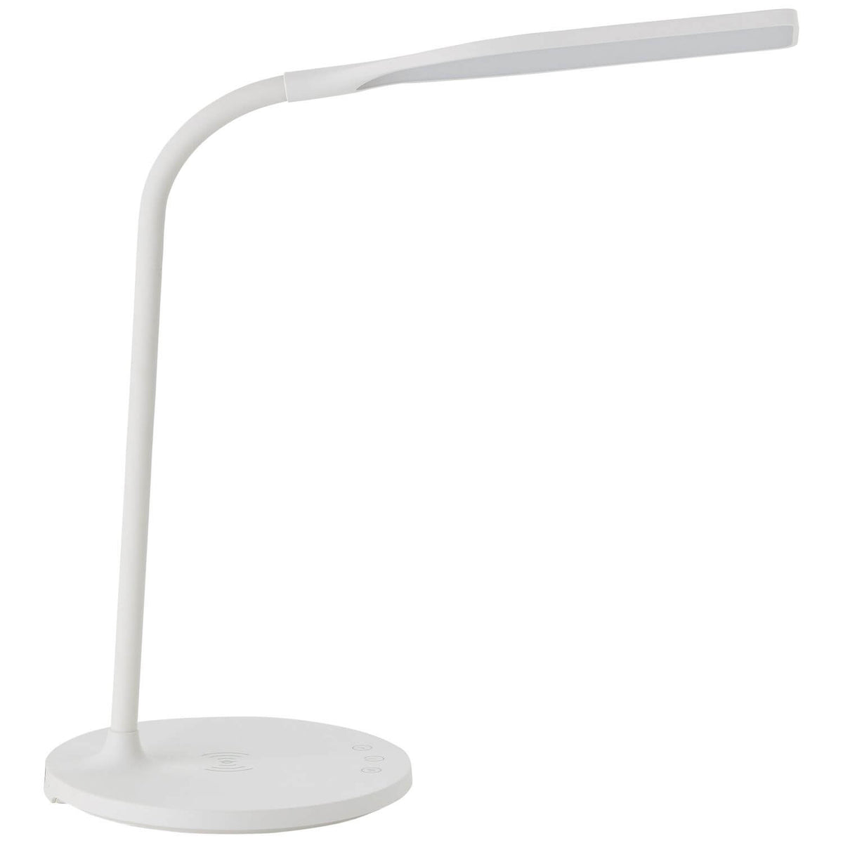 Vue de trois quarts du luminaire blanc éteint, col souple et socle rond