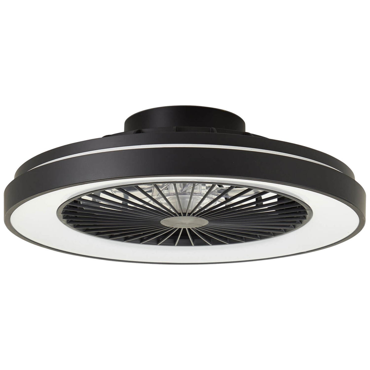 Même luminaire vu de trois quarts avec éclairage blanc diffus, cerclage noir mat