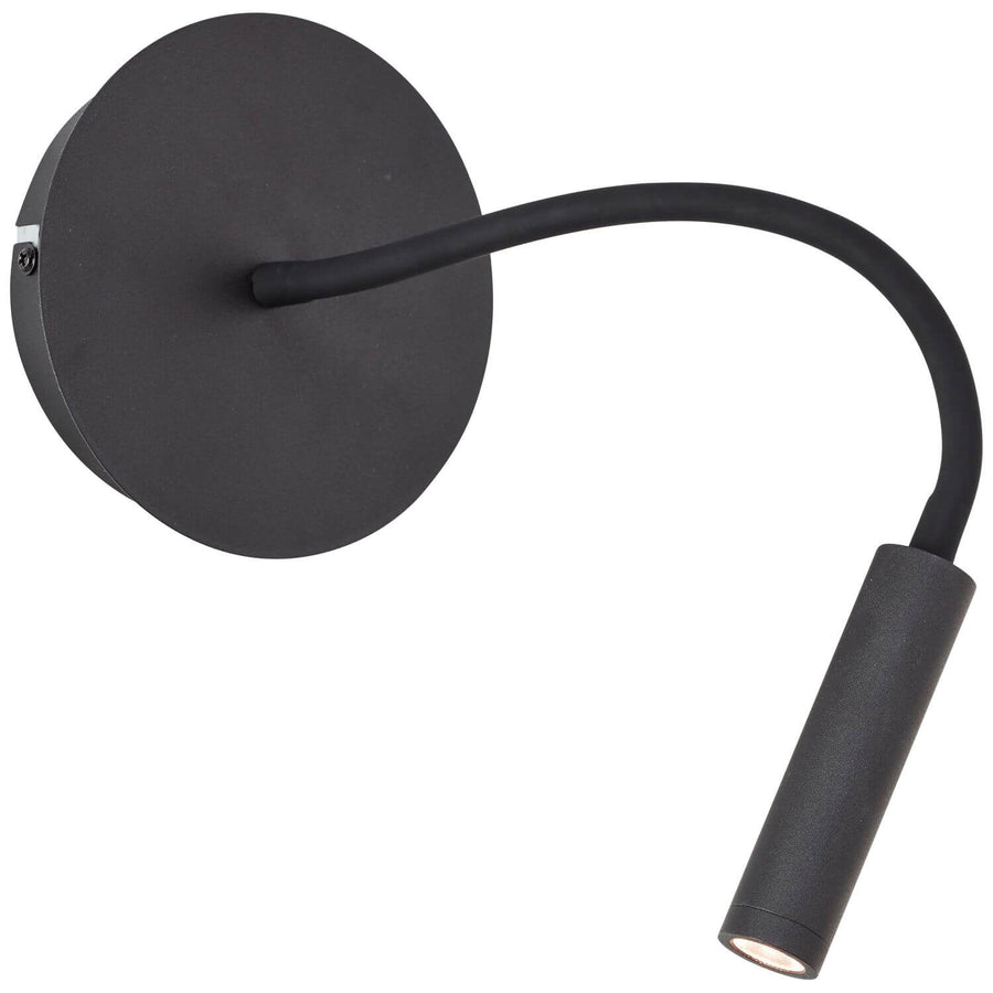 Vue de face de l'applique noire, base ronde et bras flexible courbé