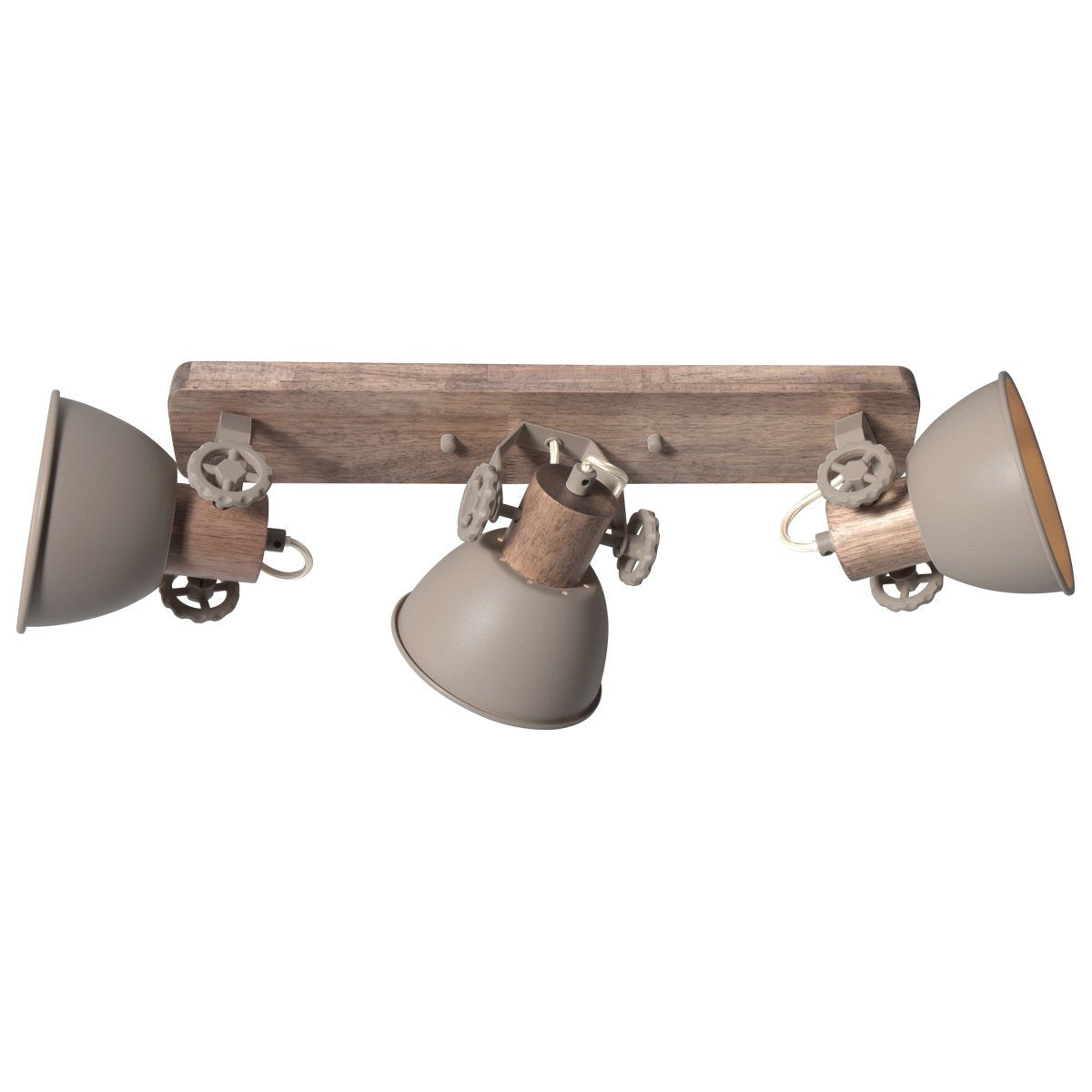 Second angle du luminaire montrant les trois projecteurs taupe et leur support.