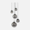 Black smoked glass 5-globe pendant light, open & high ceiling Ø60 | Bollia