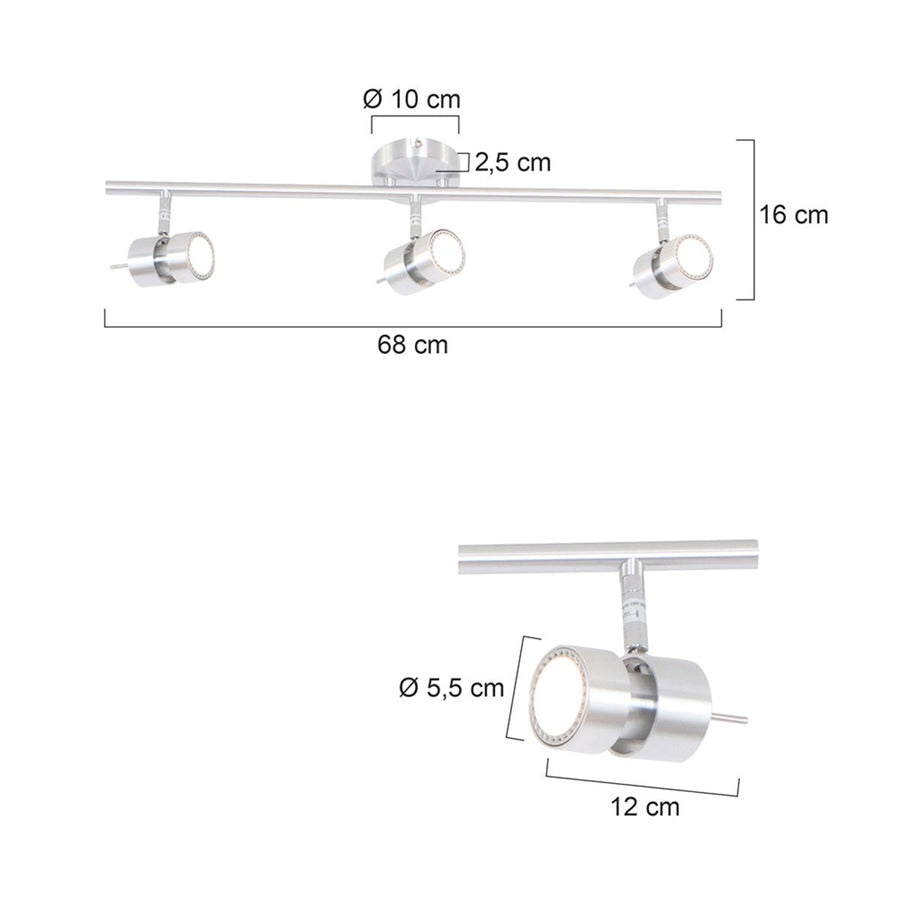 Schéma technique coté montrant largeur 68 cm, hauteur 16 cm et diamètre 5,5 cm.