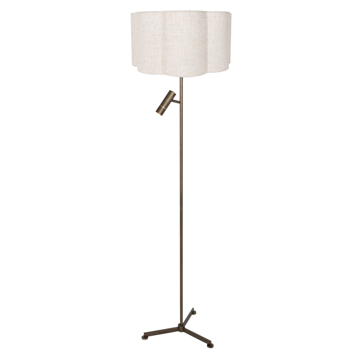 Vue en légère plongée du lampadaire avec son projecteur orientable et pied tripode.