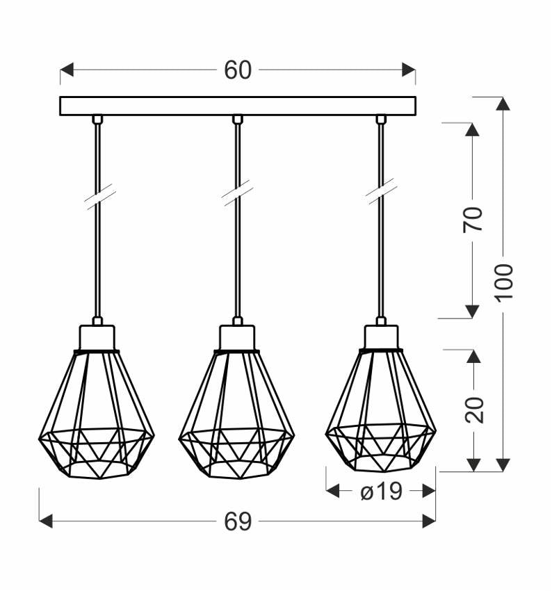 Suspension Primo 3 lumières noire et dorée, L 69 cm
