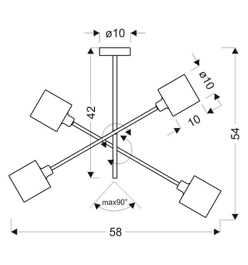 Schéma technique coté du luminaire, hauteur et largeur avec diamètres des abat-jours