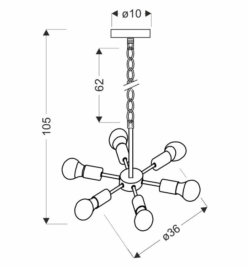 Schéma coté du luminaire indiquant diamètre 36 cm, hauteur 105 cm et chaîne 62 cm.