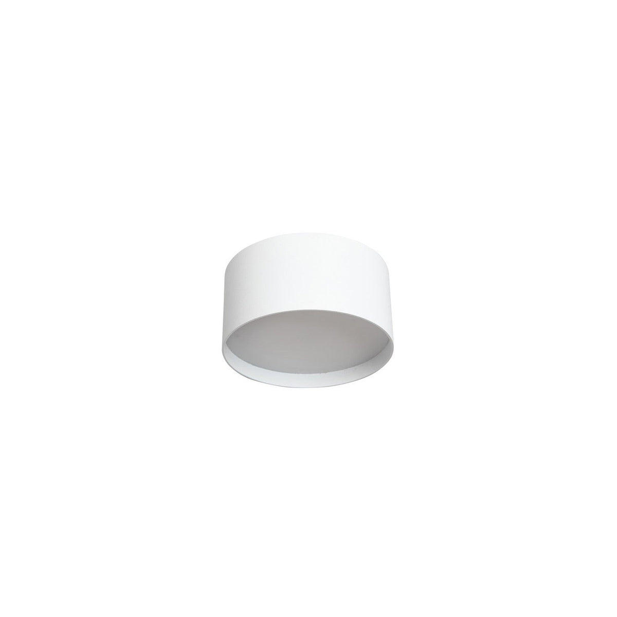 Vue de face du plafonnier blanc cylindrique, corps et diffuseur lumineux visibles.