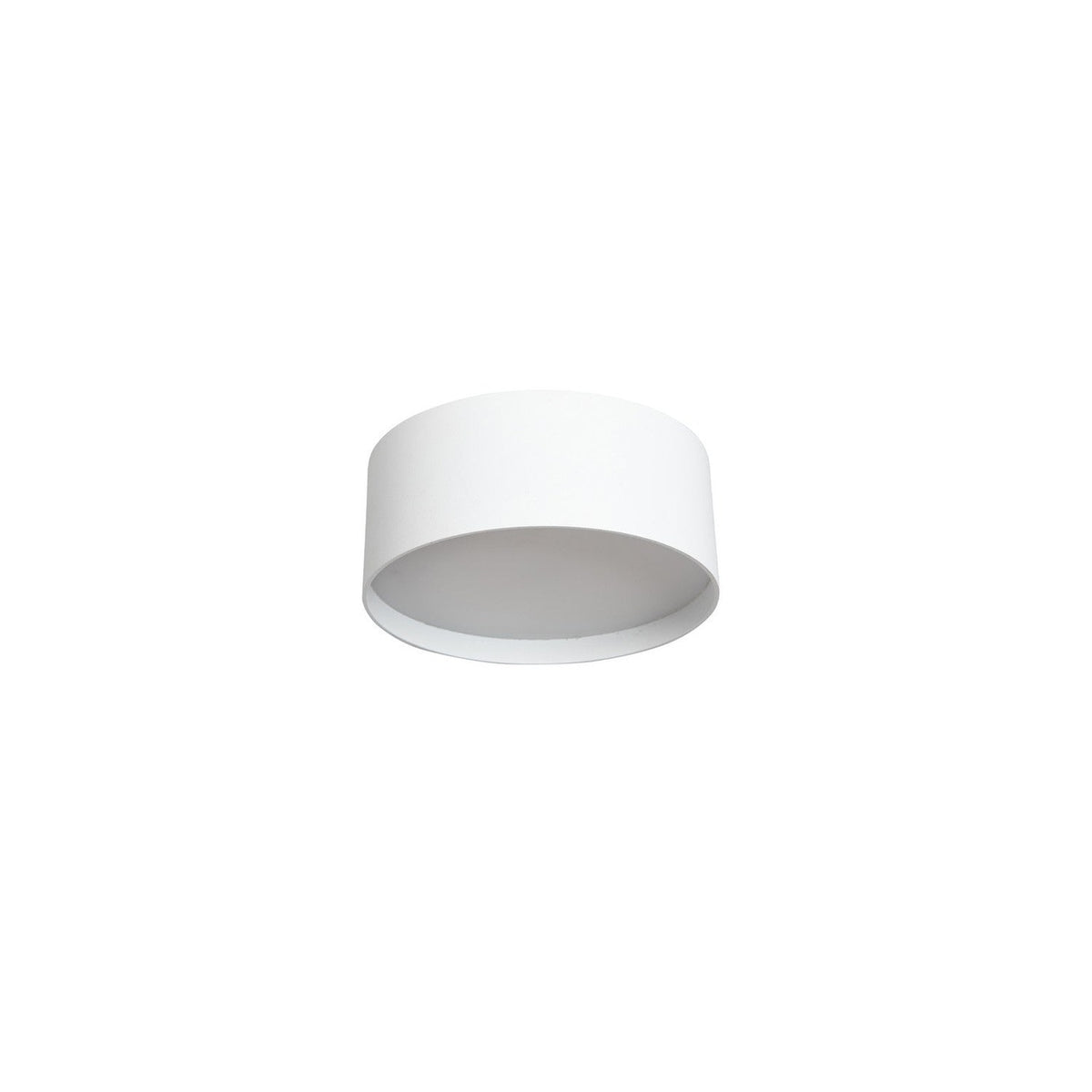 Plafonnier cylindrique blanc vu de dessous, isolé sur fond blanc uni