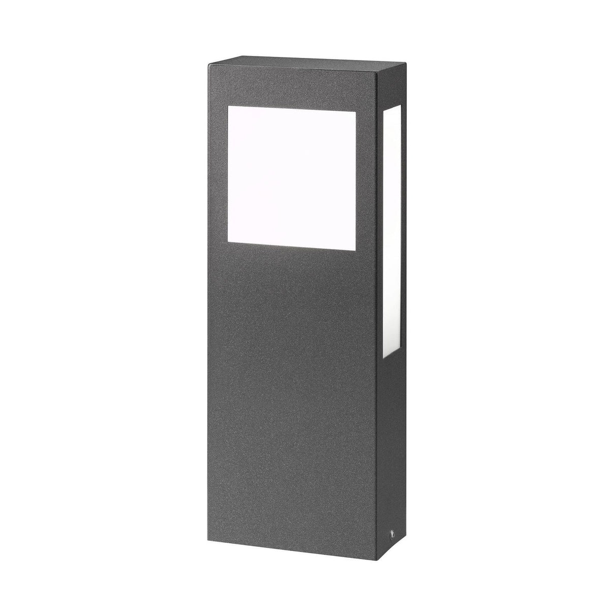 Luminaire extérieur anthracite rectangulaire avec diffuseur blanc carré, vue de trois quarts.