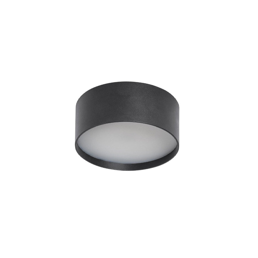 Vue de face du plafonnier cylindrique noir avec diffuseur blanc opale