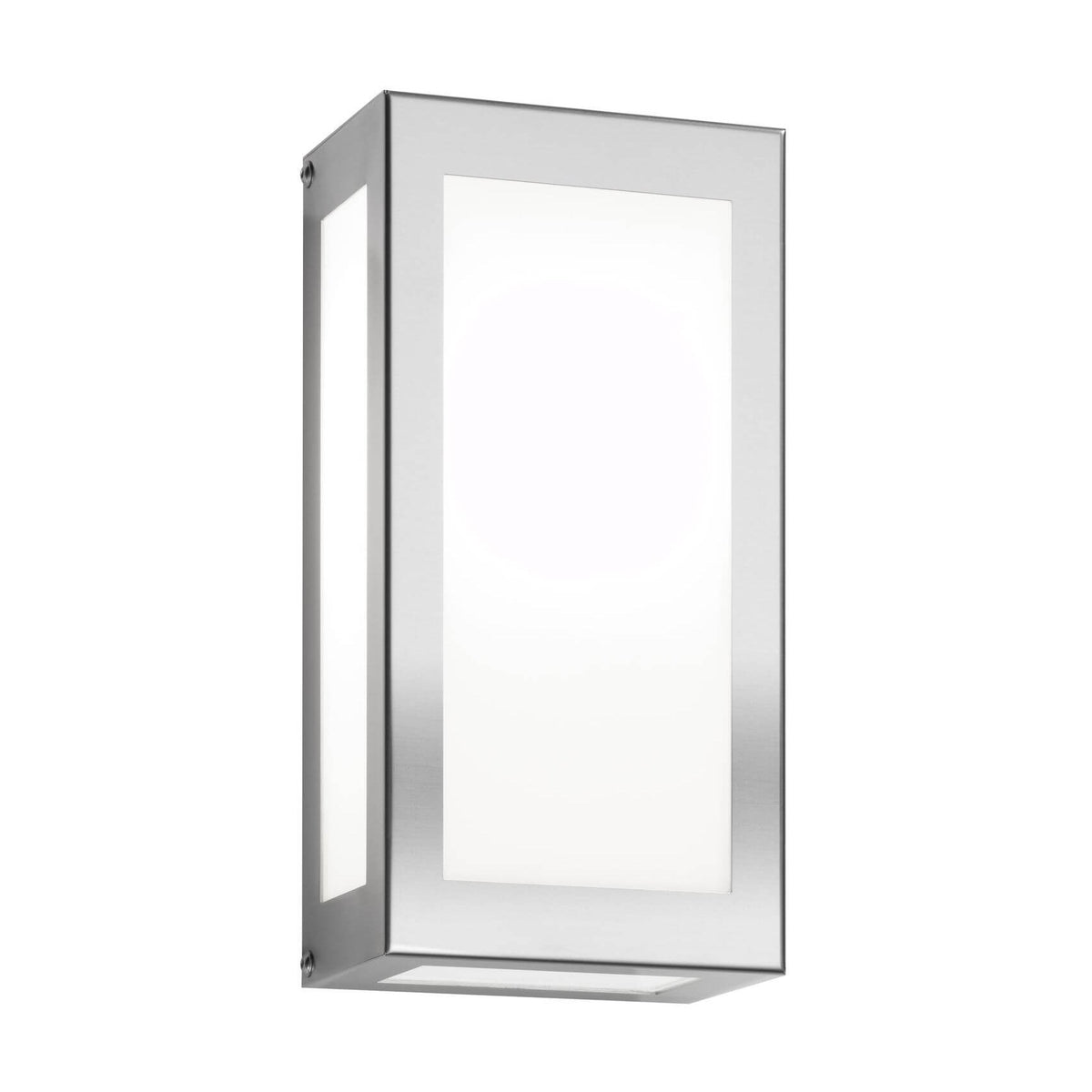 Applique murale extérieure rectangulaire en inox avec diffuseur blanc, vue de trois quarts