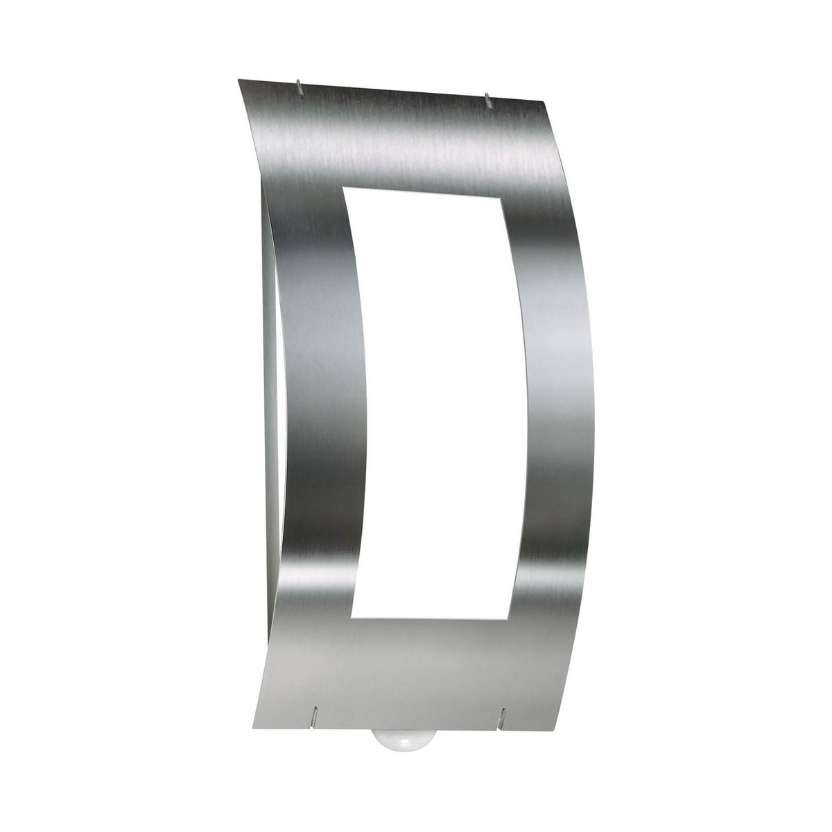 Applique murale extérieure en inox brossé, cadre ouvert rectangulaire et diffuseur opale.