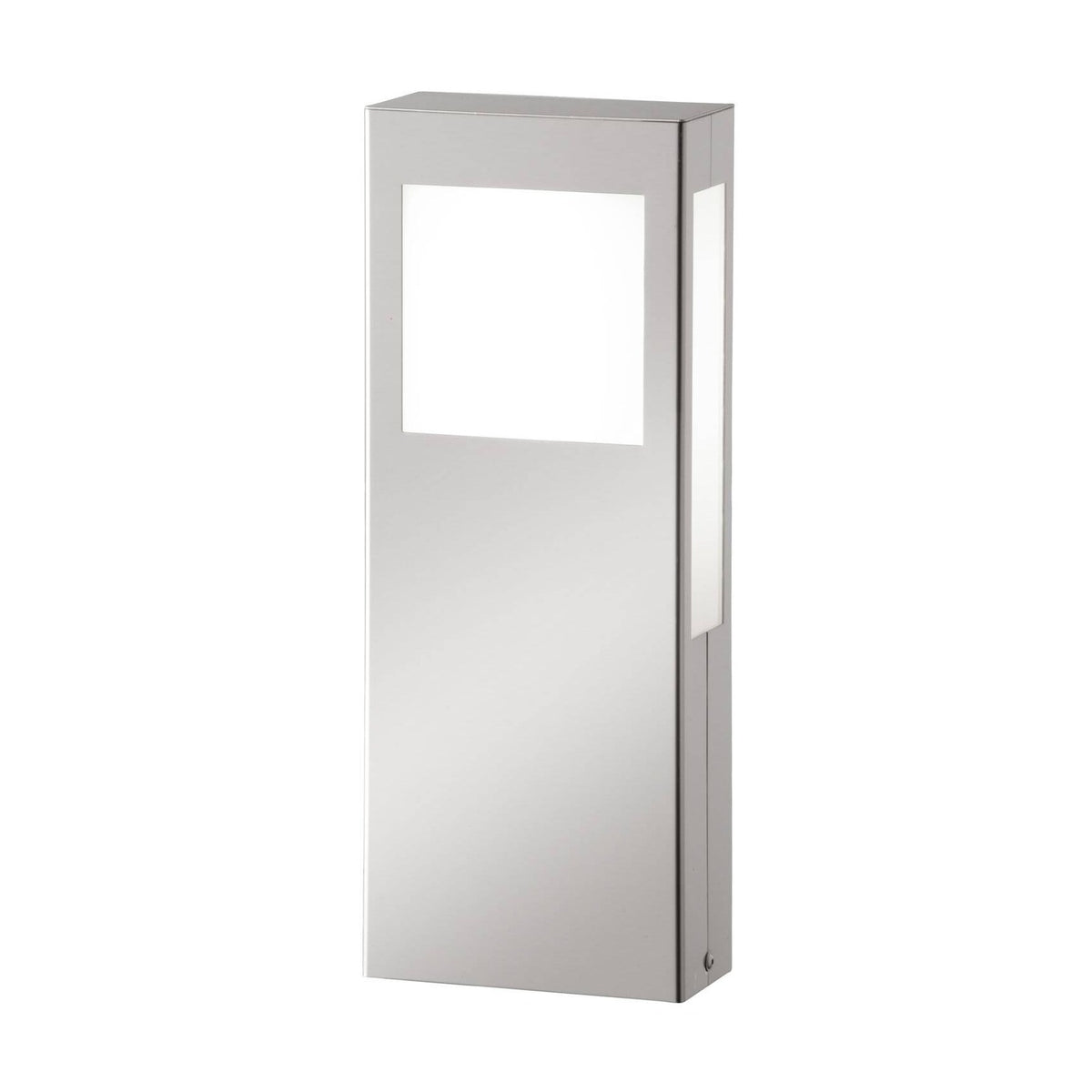 Luminaire extérieur en inox brossé, présenté de trois quarts sur fond blanc.