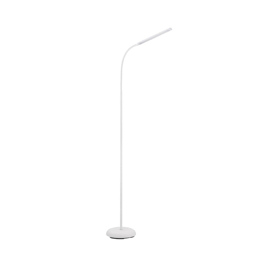 Lampadaire blanc vu de face, tige fine et socle plat arrondi