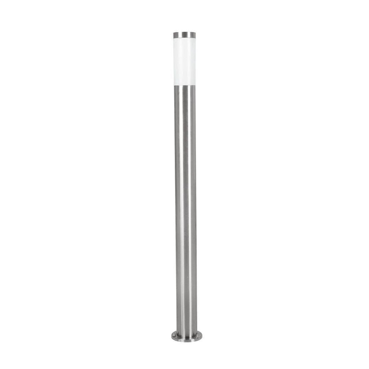 Lampadaire colonne en inox brossé et diffuseur blanc cylindrique, présenté détouré de face