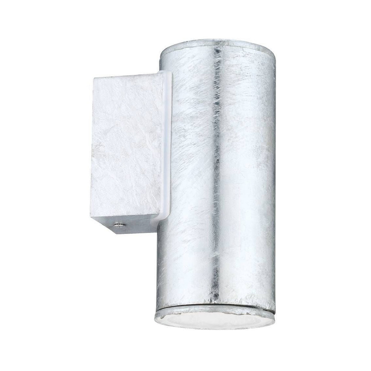 Applique murale extérieure cylindrique en acier galvanisé, vue de face avec son support.