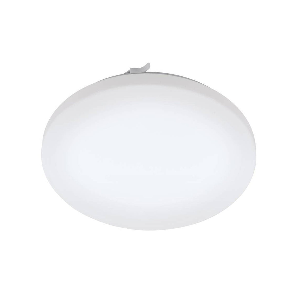 Plafonnier rond blanc vu de dessous, diffuseur en verre dépoli, fixation discrète