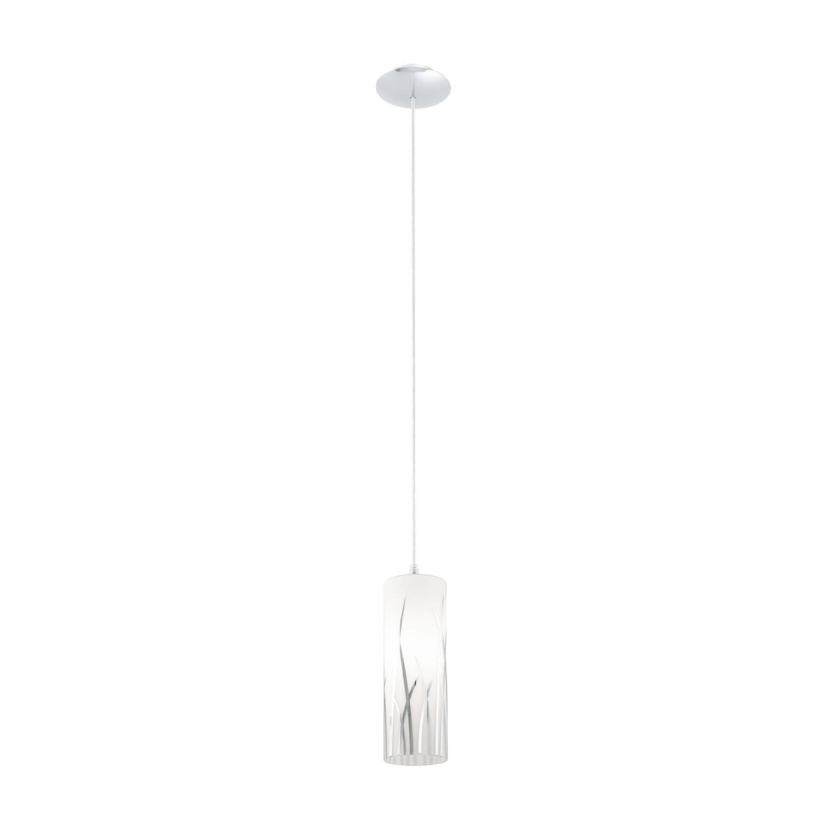 Suspension cylindrique en verre blanc orné de fines lignes incisées, présentée sur fond blanc.