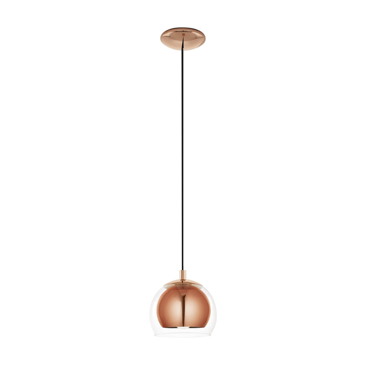 Suspension entière sur fond blanc, verre transparent et dôme intérieur cuivré