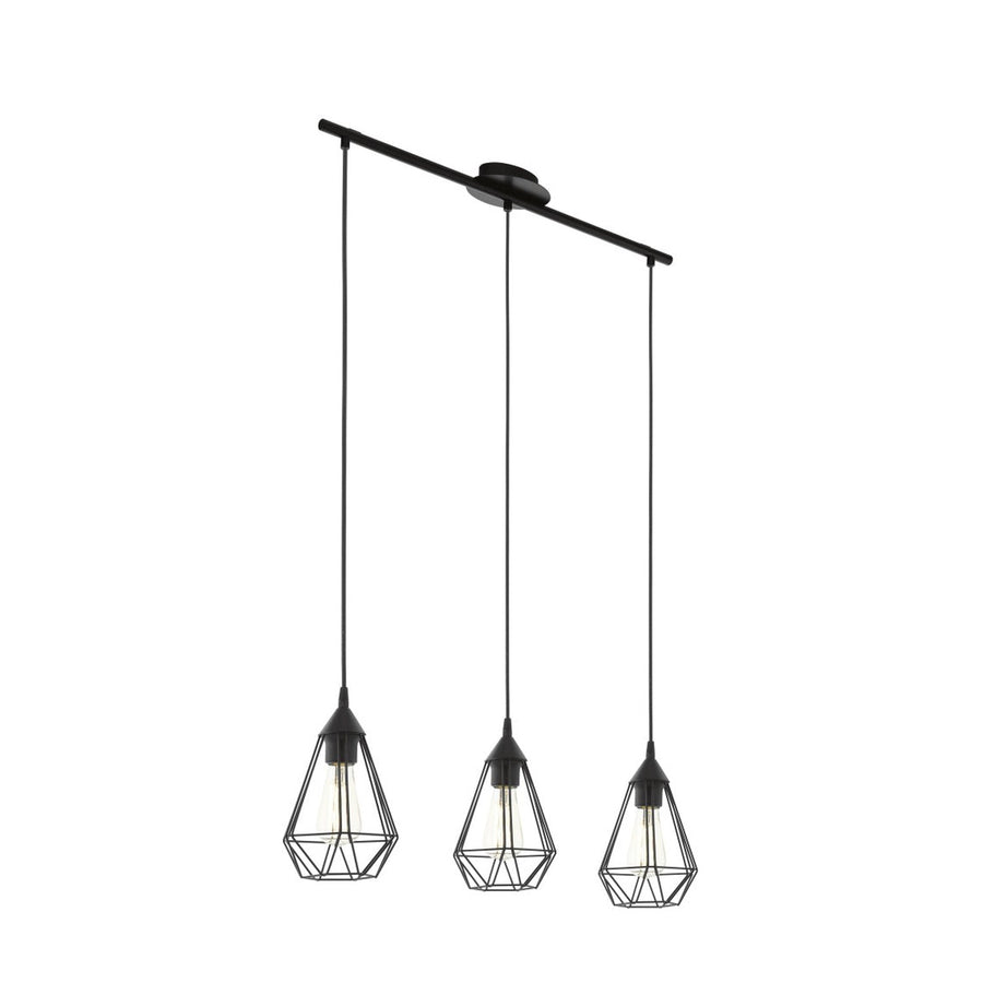 Produit seul sur fond blanc, suspension à trois cages géométriques noires