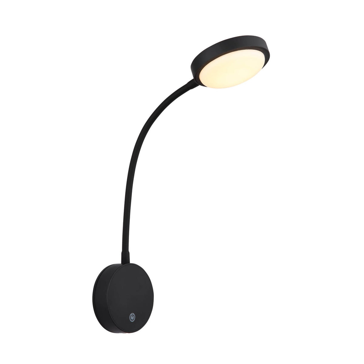 Applique murale noire vue de face, bras flexible orienté vers le haut, diffuseur allumé