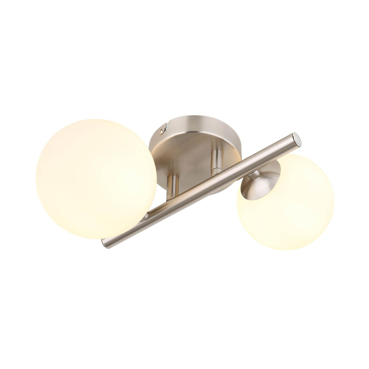 Applique murale deux globes opale sur barre nickel satiné, vue de face