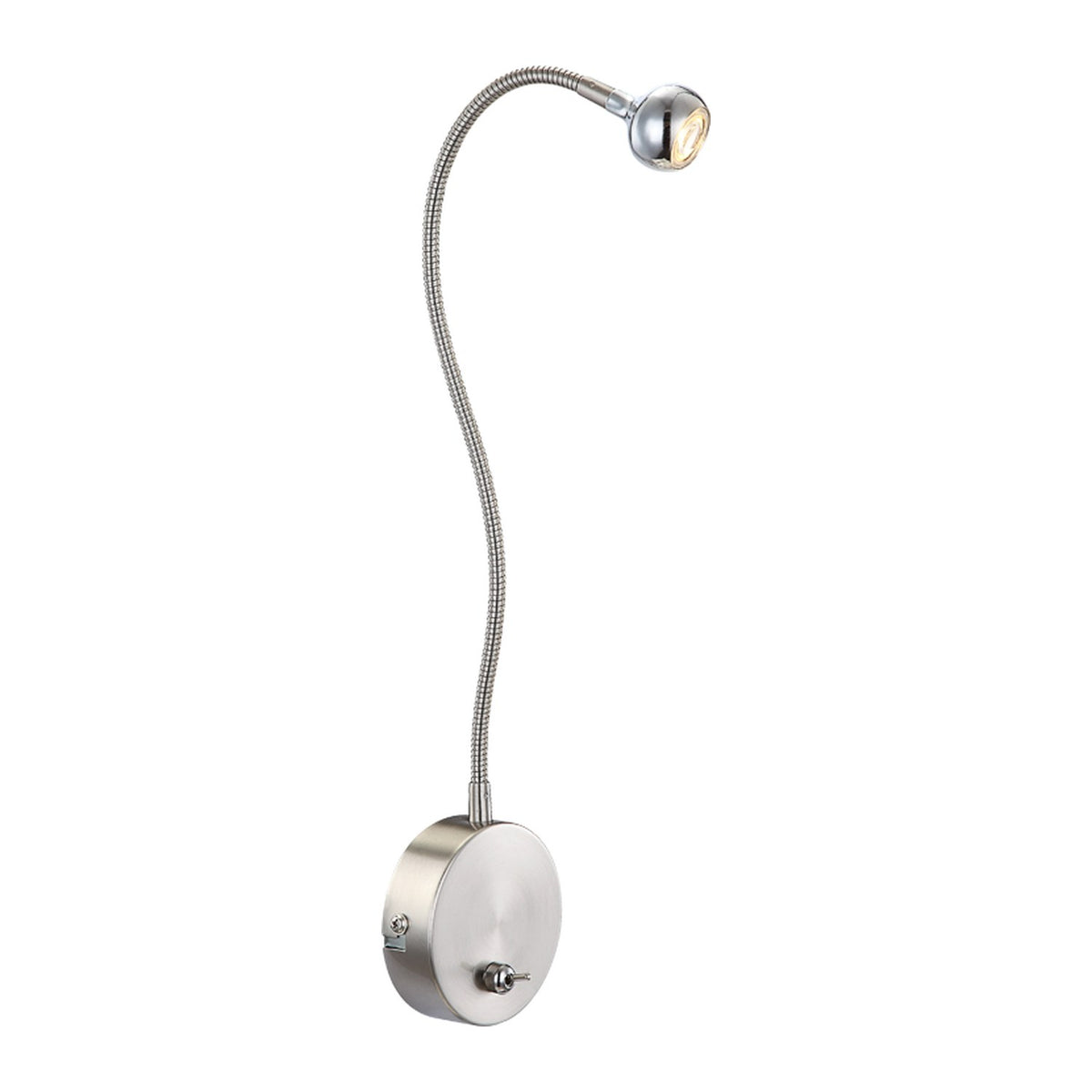 Vue de face de l'applique murale nickel satiné à bras flexible et interrupteur.